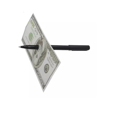 Pen with a dollar bill attached on a white background