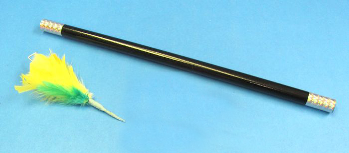 Black rod with yellow and green feathers on a blue background