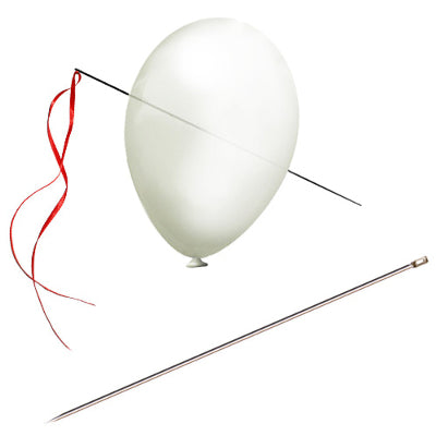 White balloon with a red string and a metal needle on a white background