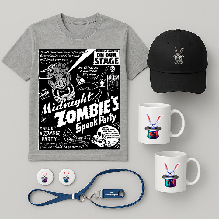 Collection of Halloween-themed merchandise including a t-shirt, mug, buttons, and USB drive on a gray background.