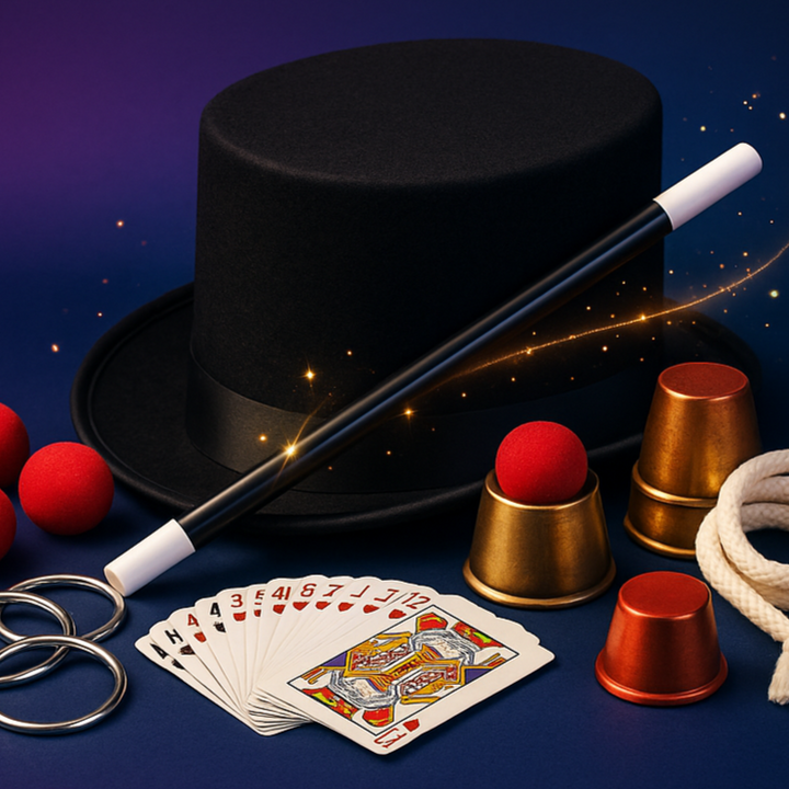 Magician's props including a top hat,魔术棒, playing cards, and other accessories on a blue background.