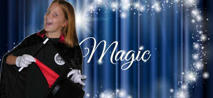 Person in a magician's outfit with 'Magic' text and blue curtain background