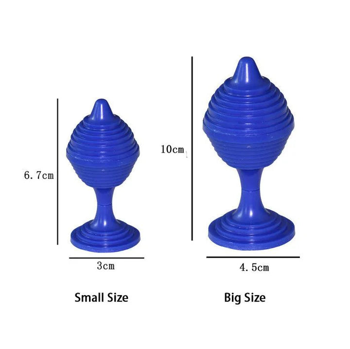 Two blue plastic objects with measurements indicating size differences on a white background