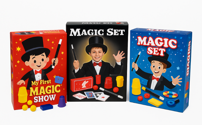 Three colorful boxes of a magic set with cartoon magicians on a white background