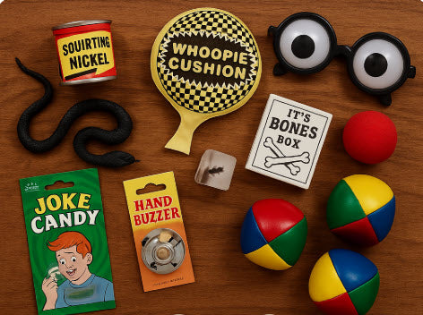 Collection of novelty items including a whoopie cushion, joke candy, and colorful balls on a wooden surface.