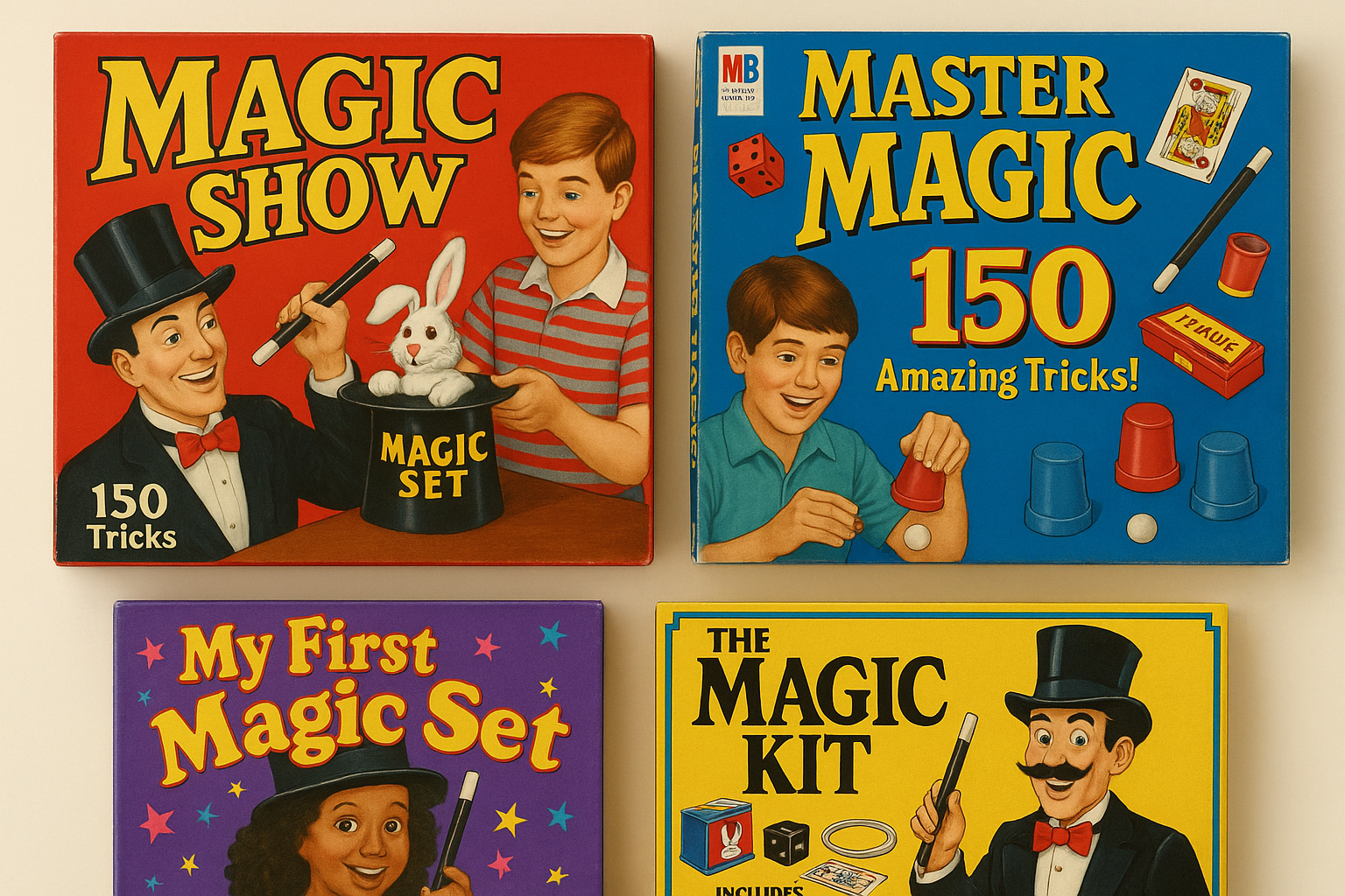 Four vintage magic set boxes with colorful covers and illustrations of children performing magic tricks.
