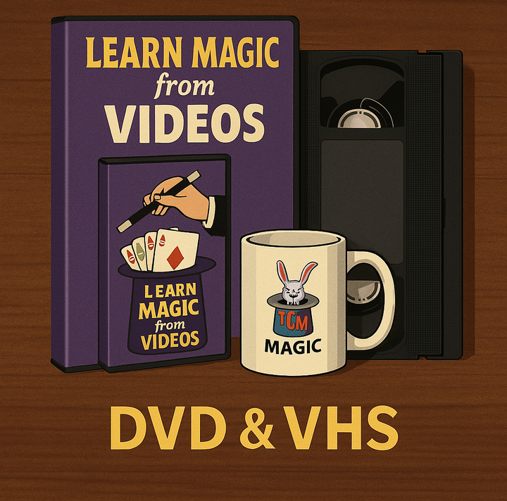 Promotional graphic for magic learning materials including a book, VHS tape, and mug on a wooden background.
