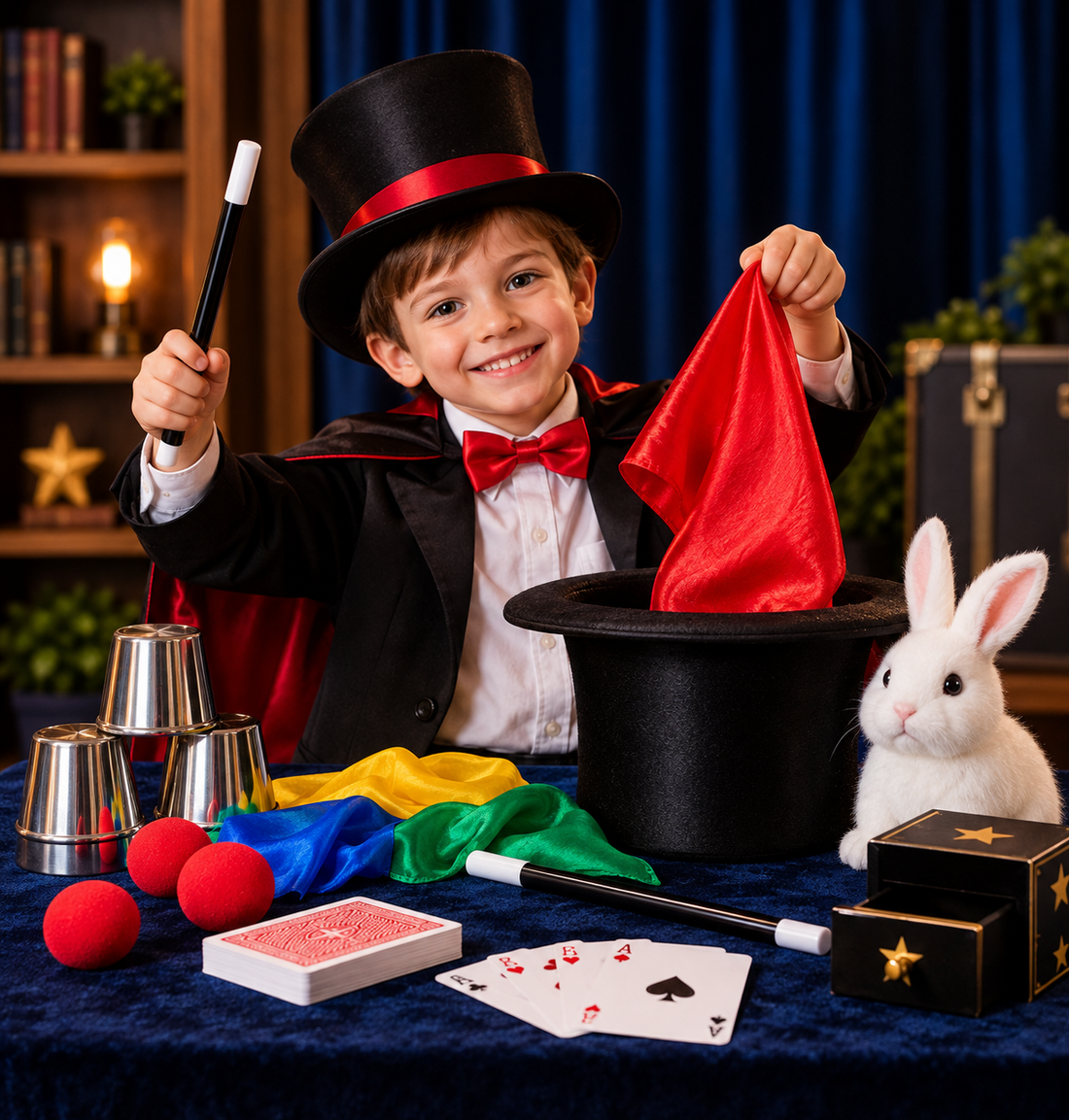 Magic tricks and props arranged to build a custom magic kit
