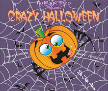 Cartoon pumpkin with a happy expression on a spider web background, featuring 'Crazy Halloween' text and 'Ra Magic Shop' branding.