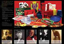 Collection of vintage items including a red box, bottles, and photographs on a black background.