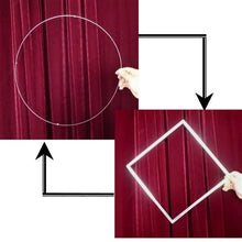 Collage showing a circular and square light frame against a red curtain background.