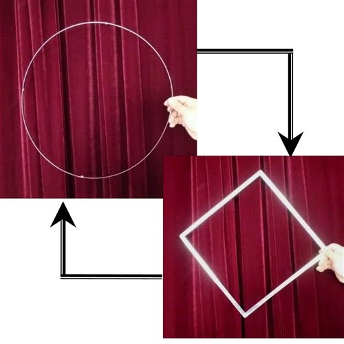 Collage showing a circular and square light frame against a red curtain background.