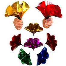 Colorful metallic fans held by hands on a white background