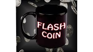 Black mug with 'FLASH COIN' text on a dark background