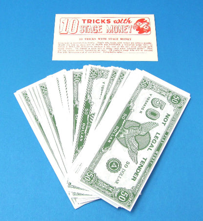 Set of green and white stage money with a card titled '10 Tricks with Stage Money' on a blue background