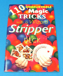 Book cover of '110 Unbelievable Magic Tricks with a Wizard Stripper Deck' featuring colorful balloons and playing cards.