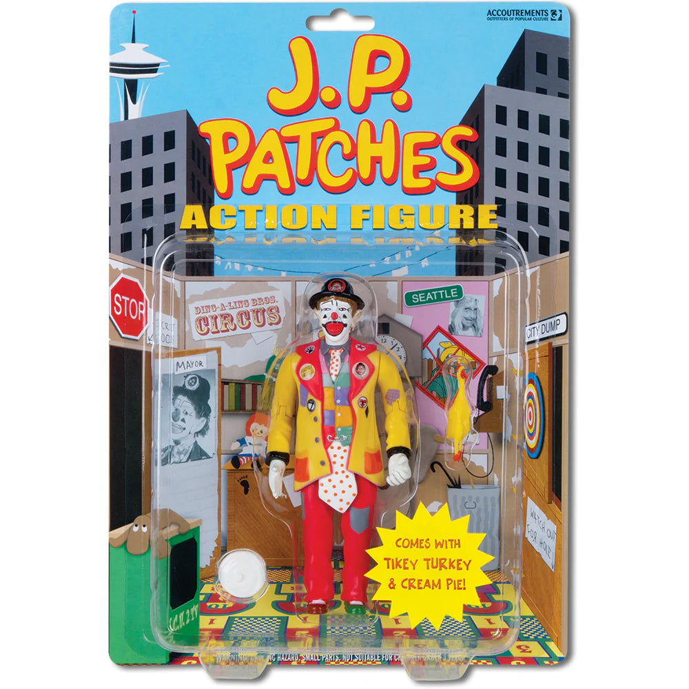 J.P. Patches action figure packaging with colorful clown design and cityscape background
