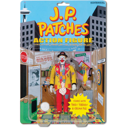 J.P. Patches action figure packaging with colorful clown design and cityscape background
