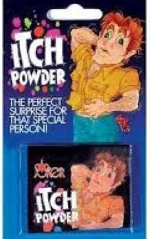 Packaging of Itch Powder with cartoon character on a white background