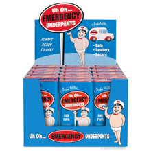 Display of Archie McPhee Emergency Underpants packaging with cartoon character on a white background