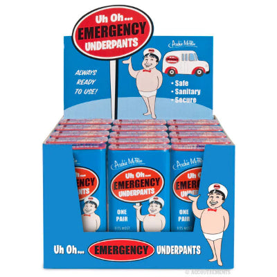 Display of Archie McPhee Emergency Underpants packaging with cartoon character on a white background