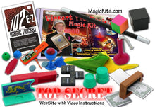 Collection of magic tricks and kits with promotional text overlay on a white background
