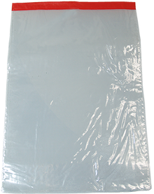Clear plastic bag with a red top edge on a white background