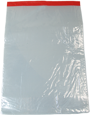 Clear plastic bag with a red top edge on a white background