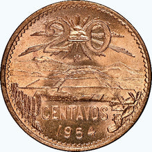 Bronze coin with '20 Centavos 1954' text and mountain design on a white background