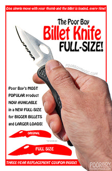 Advertisement for the Poor Boy Billet Knife with a hand holding the knife and promotional text.