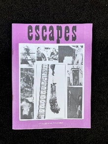 Booklet titled 'escapes' with black and white images on a purple cover against a black background