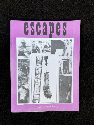 Booklet titled 'escapes' with black and white images on a purple cover against a black background