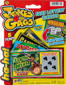 Pack of fake lottery tickets with colorful packaging featuring 'Jokes & Gags' branding.