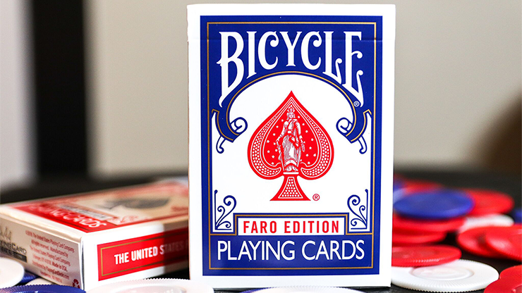 Bicycle Faro Edition playing cards with poker chips in the background