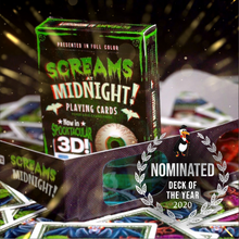 Playing card box for 'Screams at Midnight!' with 3D effect, surrounded by cards and decorative elements.