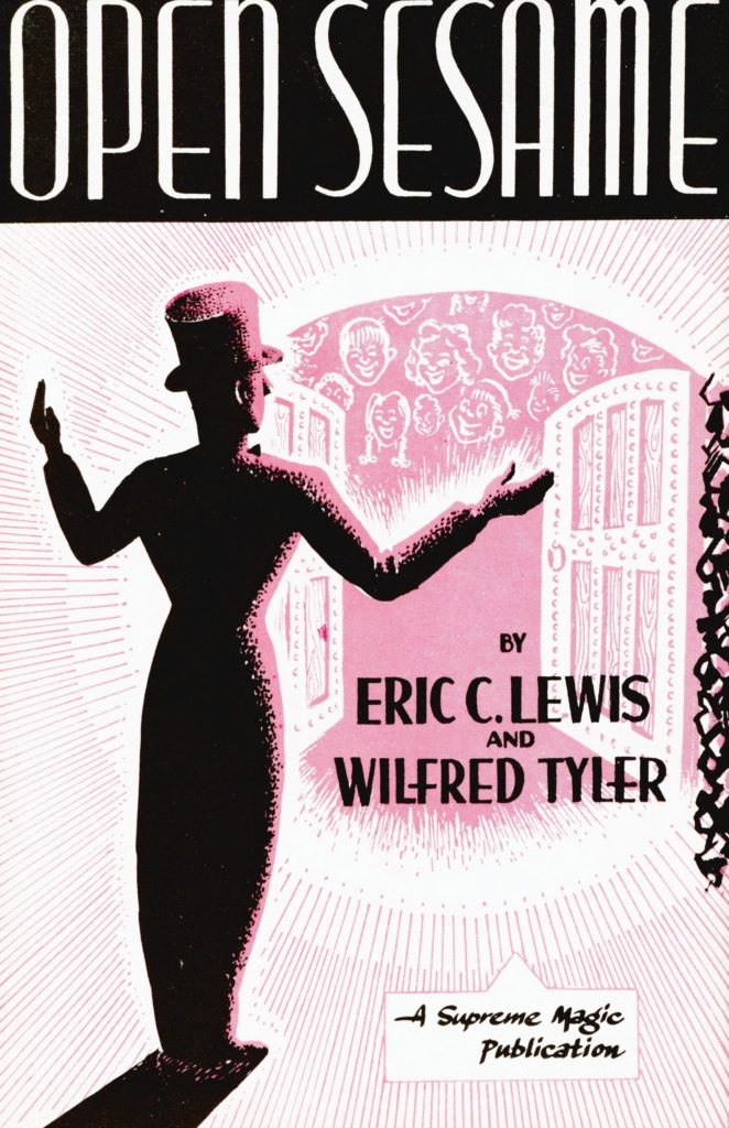 Book cover of 'Open Sesame' by Eric C. Lewis and Wilfred Tyler with a silhouette of a magician and pink door.