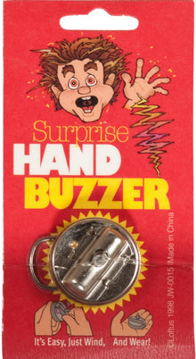Red packaging of a hand buzzer with cartoon illustration on a white background