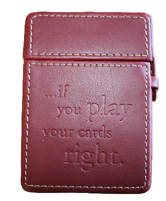Red leather cardholder with 'if you play your cards right' text on a wooden surface