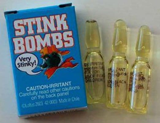 Stink Bombs packaging with three clear bottles on a white background