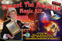 Advertisement for Vincent The Magician Magic Kit featuring a magician and magicking elements.