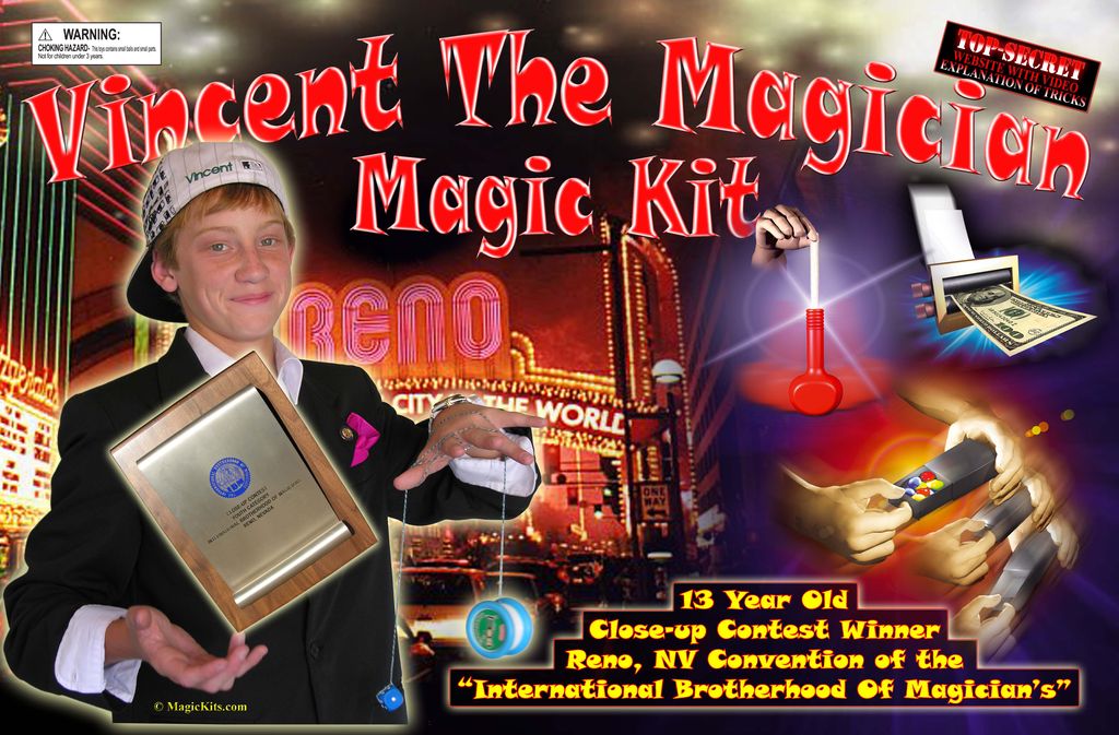Advertisement for Vincent The Magician Magic Kit featuring a magician and magicking elements.