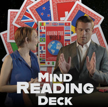 Two people with a deck of cards labeled 'Around the World' and 'Mind Reading Deck' in the background.