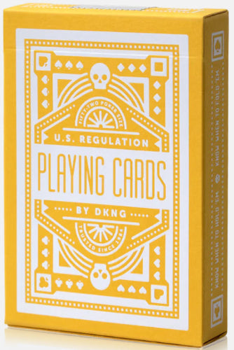 Yellow playing card box with white text and design