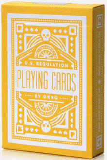 Yellow playing card box with white text and design