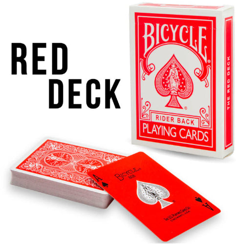 Red deck of Bicycle playing cards with visible branding on a white background