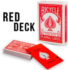 Red deck of Bicycle playing cards with visible branding on a white background