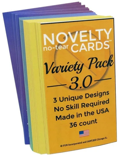 Stack of novelty no-tear cards with colorful covers and text on a white background