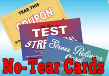 Colorful cards with text on a blue gradient background, promoting 'No-Tear Cards'.