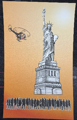 Illustration of the Statue of Liberty on an orange background with a silhouette of people and a helicopter.