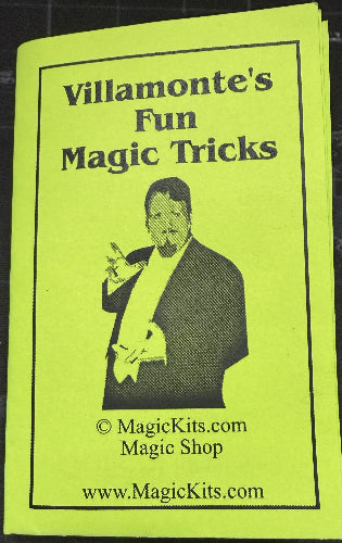Villamonte's Fun Magic Tricks flyer with a magician holding a card on a green background